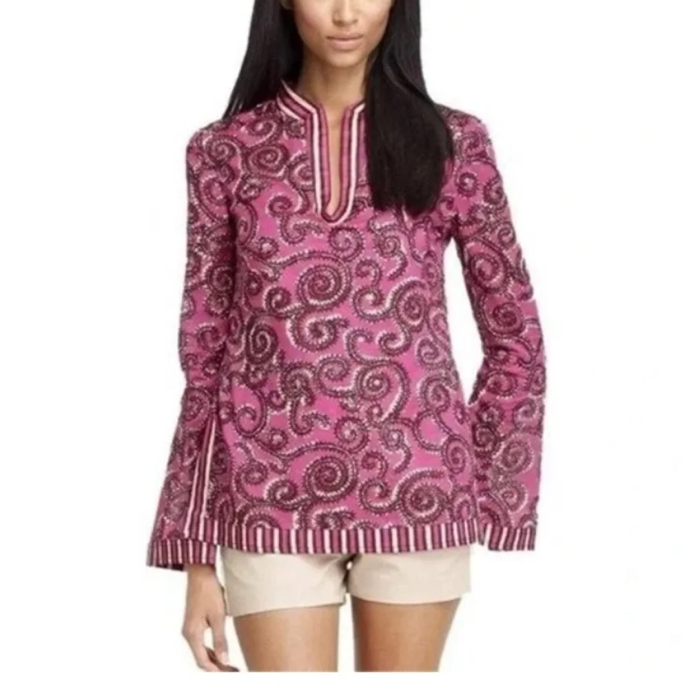 🌷Tory Burch Red and Black Graphic Blouse with Mandarin Collar